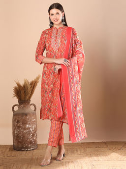 FASHOR - Printed Embroidered Straight Fit Kurta With Pant And Dupatta - Orange (Set of 3)