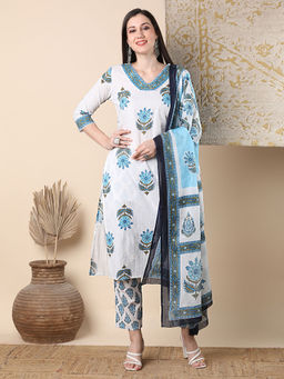 FASHOR - Floral Printed And Embroidered Straight Kurta With Pant And Dupatta - White (Set of 3)