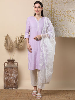 FASHOR - Solid Stripes Woven Straight Fit Kurta With Pant And Dupatta - Lavender (Set of 3)