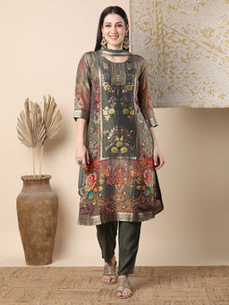 FASHOR - Floral Printed Fit Tissue Kurta With Pant And Dupatta - Green (Set of 3)