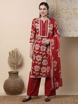 FASHOR - Floral Printed And Embroidered Straight Kurta With Pant And Dupatta - Red (Set of 3)