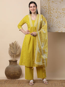 FASHOR - Solid Embroidered A-Line Pleated Kurta With Pant And Dupatta - Yellow (Set of 3)