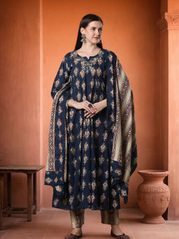 FASHOR - Floral Printed And Embroidered Anarkali Kurta With Pant And Dupatta - Blue (Set of 3)