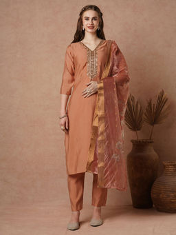 FASHOR - Solid Cut Kurta With Pant And Dupatta - Rust (Set of 3)
