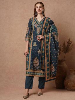FASHOR - Mughal Floral Printed And Resham Kurta With Pant And Dupatta - Teal Blue (Set of 3)