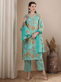 FASHOR - Floral Embroidered Straight Kurta With Pant & Dupatta - Turquoise Blue (Set of 3)
