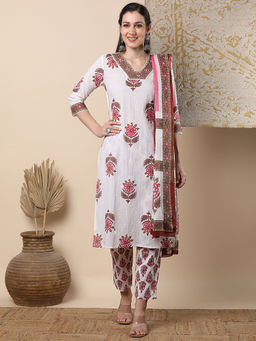 FASHOR - Floral Printed And Embroidered Straight Kurta With Pant And Dupatta - White (Set of 3)