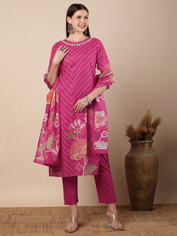 FASHOR - Abstract Floral And Embroidered Straight Kurta With Pant & Dupatta - Pink (Set of 3)