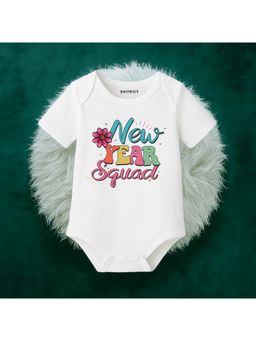 KNITROOT - Cotton New Year Theme Half Sleeves New Year Squad Text Printed White Onesie