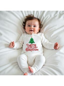 KNITROOT - Christmas Theme Full Sleeves Merry Christmas Text Printed White Jumpsuit