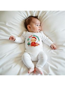 KNITROOT - Christmas Theme Full Sleeves My First Christmas Text Printed White Jumpsuit
