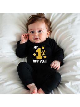 KNITROOT - New Year Theme Full Sleeves My 1st New Year Text Printed Black Jumpsuit