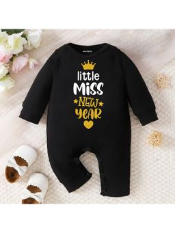 KNITROOT - New Year Theme Full Sleeve Little Miss New Year Text Printed Black Jumpsuit