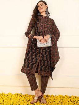 Vaamsi - Women Brown Pure Cotton Ethnic Motifs Straight Kurta with Pant and Dupatta (Set of 3)