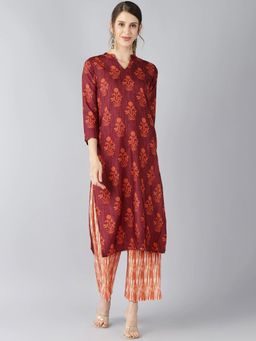 Vaamsi - Women Maroon Poly Crepe Ethnic Motifs Printed Straight Kurta with Pant (Set of 2)