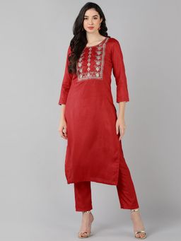 Vaamsi - Women Red Poly Silk Embroidered Straight Kurta with Pant (Set of 2)