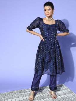 Vaamsi - Women Navy Blue Poly Chanderi Woven A-Line Kurta with Pant (Set of 2)