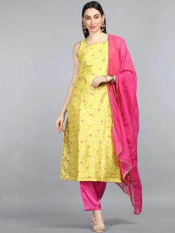 Vaamsi - Women Yellow Poly Chanderi Ethnic Motifs Straight Kurta Pant with Dupatta (Set of 3)