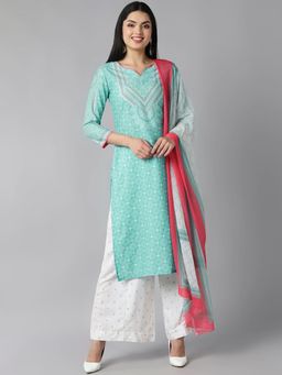 Vaamsi - Women Sea Green Ethnic Motifs Printed Straight Kurta Palazzo with Dupatta (Set of 3)