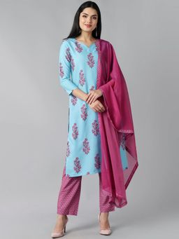 Vaamsi - Women Blue Poly Silk Ethnic Motifs Printed Straight Kurta Pant with Dupatta (Set of 3)