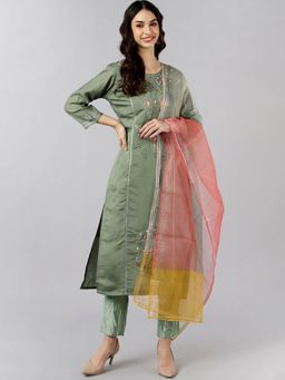 Vaamsi - Women Olive Poly Silk Embroidered Straight Kurta Pant with Dupatta (Set of 3)