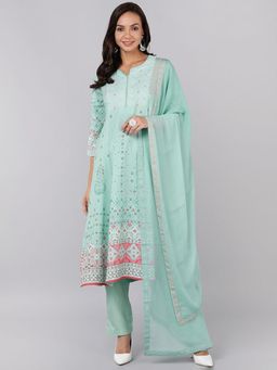 Vaamsi - Women Sea Green Ethnic Motifs Printed Anarkali Kurta Pant with Dupatta (Set of 3)