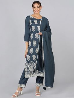 Vaamsi - Women Grey Poly Silk Ethnic Motifs Embroidered Kurta Pant with Dupatta (Set of 3)