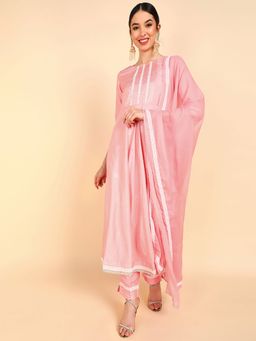 Vaamsi - Women Pink Poly Silk Ethnic Motifs Solid Anarkali Kurta Pant with Dupatta (Set of 3)