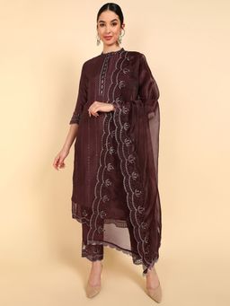Vaamsi - Women Brown Poly Silk Embroidered Straight Kurta Pant with Dupatta (Set of 3)