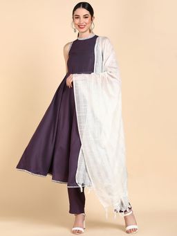 Vaamsi - Women Purple Poly Silk Solid Anarkali Kurta Pant with Dupatta (Set of 3)