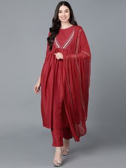 Vaamsi - Women Red Poly Silk Striped Embellished Anarkali Kurta Pant with Dupatta (Set of 3)