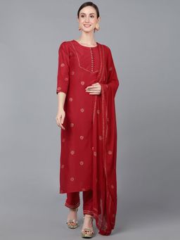 Vaamsi - Women Red Poly Silk Straight Kurta Pant with Dupatta (Set of 3)