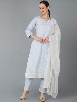 Vaamsi - Women Blue Cotton Ethnic Motifs Embroidered Straight Kurta Pant with Dupatta (Set of 3)
