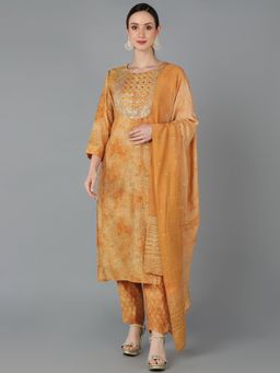 Vaamsi - Women Mustard Silk Blend Ethnic Motifs Yoke Design Kurta Pant with Dupatta (Set of 3)