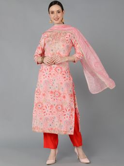 Vaamsi - Women Pink Silk Blend Ethnic Motifs Dyed Straight Kurta Pant with Dupatta (Set of 3)