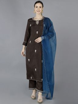 Vaamsi - Women Brown Silk Blend Embroidered Straight Kurta Pant with Dupatta (Set of 3)