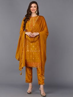 Vaamsi - Women Mustard Silk Blend Ethnic Motifs Woven Kurta Pant with Dupatta (Set of 3)