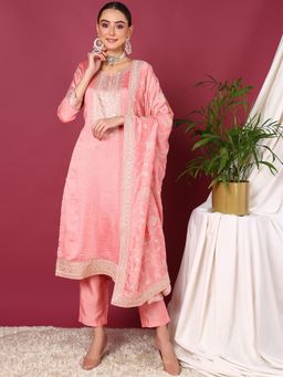 Vaamsi - Women Peach Silk Blend Embellished Straight Kurta Pant with Dupatta (Set of 3)
