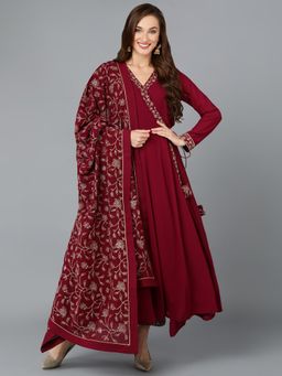 Vaamsi - Women Maroon Poly Georgette Solid Angarkha Kurta Pant with Dupatta (Set of 3)