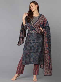 Vaamsi - Women Navy Blue Silk Blend Straight Kurta Pant with Dupatta (Set of 3)