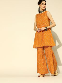 Vaamsi - Women Mustard Cotton Floral A-Line Kurta with Sharara (Set of 2)