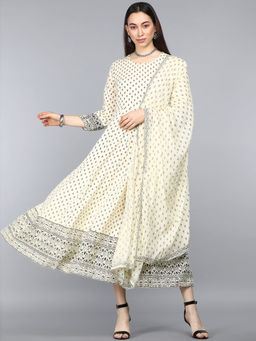 Vaamsi - Women Cream Cotton Ethnic Motifs Printed Anarkali Kurta with Dupatta (Set of 2)