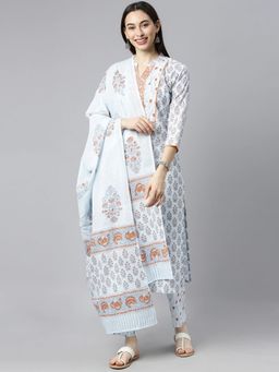 Vaamsi - Women Blue Cotton Printed Straight Kurta Pant with Dupatta (Set of 3)