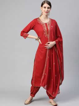 Vaamsi - Women Red Cotton Solid Straight Kurta Salwar with Dupatta (Set of 3)