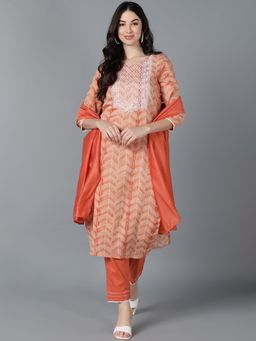 Vaamsi - Women Orange Poly Silk Chevron Straight Kurta Pant with Dupatta (Set of 3)