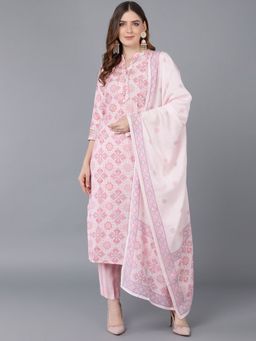Vaamsi - Women Pink Poly Silk Ethnic Motifs Printed Straight Kurta Pant with Dupatta (Set of 3)