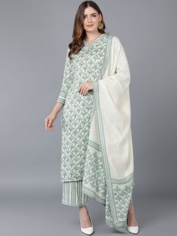Vaamsi - Women Green Cotton Blend Ethnic Motifs Printed Kurta Pant with Dupatta (Set of 3)