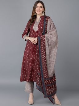 Vaamsi - Women Burgundy Poly Silk Ethnic Motifs Straight Kurta Pant with Dupatta (Set of 3)