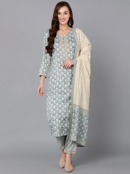 Vaamsi - Women Grey Viscose Rayon Floral Straight Kurta Pant with Dupatta (Set of 3)
