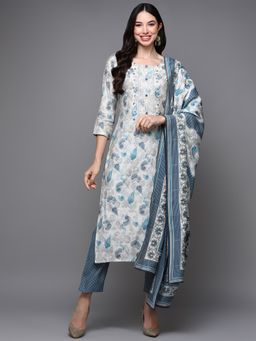 Vaamsi - Women White Poly Chanderi Straight Kurta Pant with Dupatta (Set of 3)